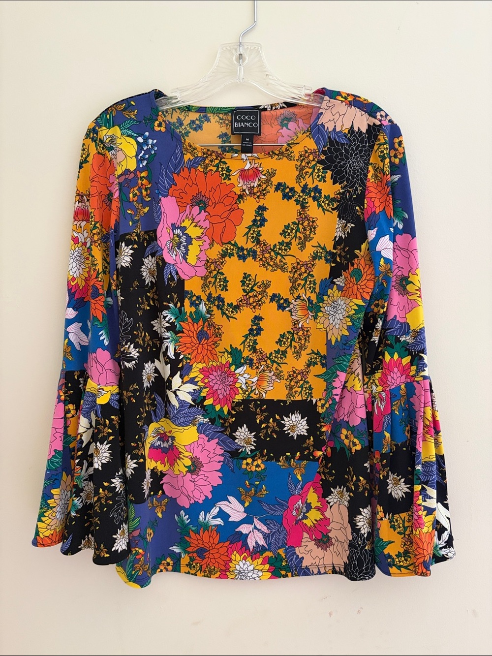 Coco Bianco Floral Patchwork Bell-Sleeve Blouse in Mustard, Blue, Pink & Black